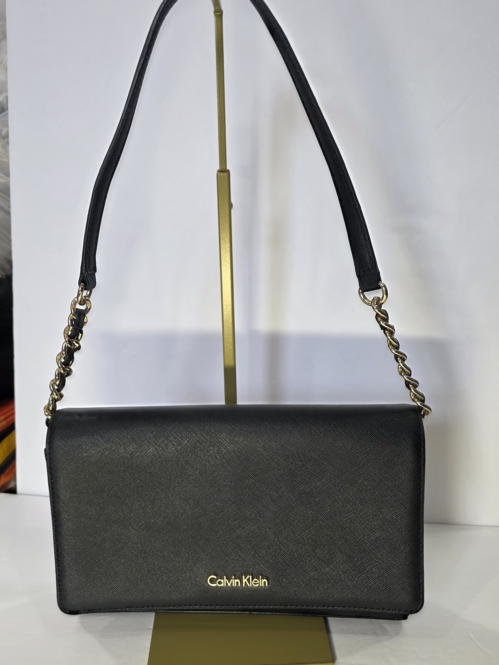 Calvin Klein Black Saffiano Leather Crossbody Chain Purse.
